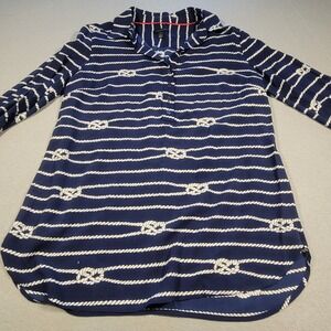 Talbots Nautical Rope Print Popover Tunic Top Navy White Long Sleeve Blouse XS